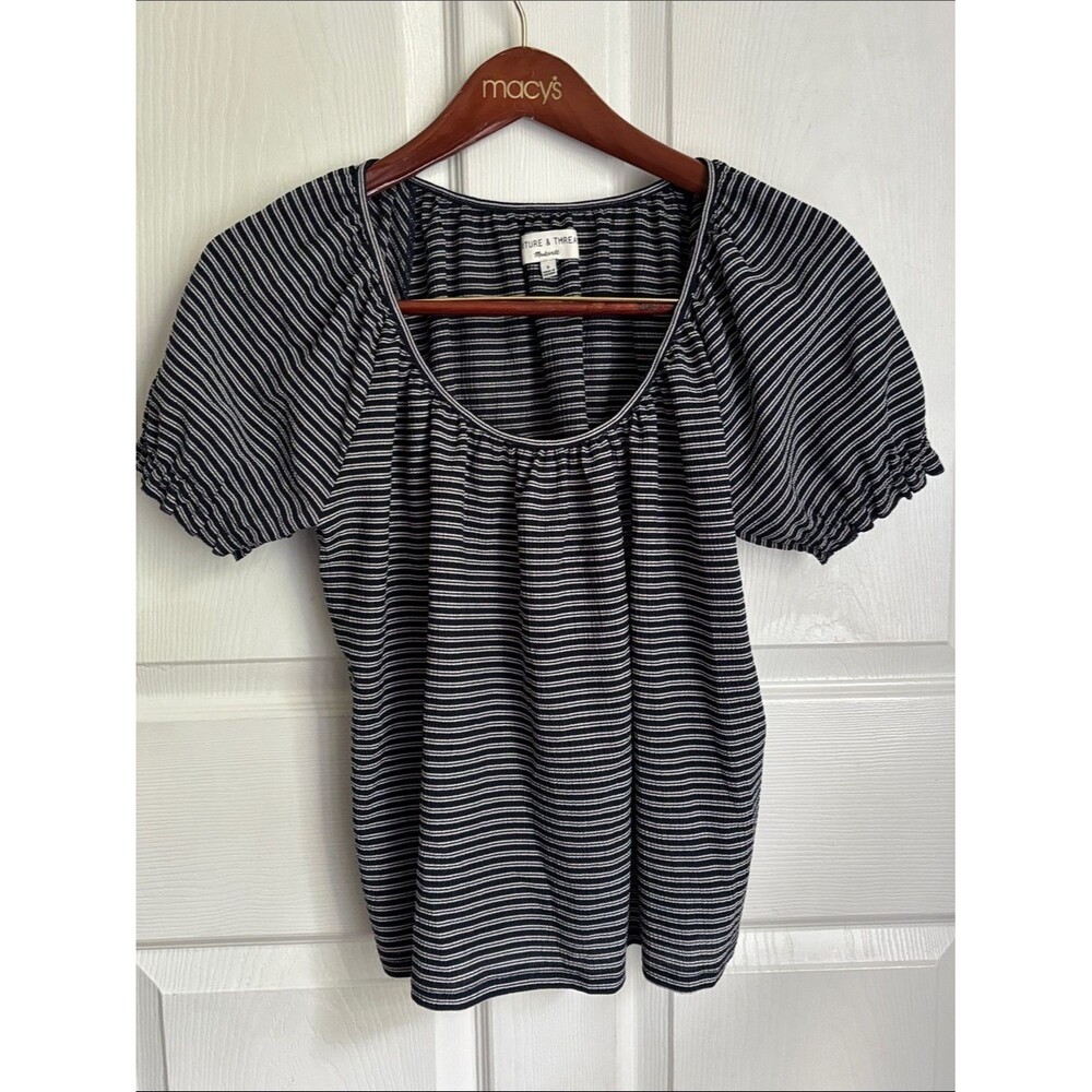 TexTURE & THREAD Madewell Navy and White Striped Scoop Neck Puff Sleeve Tee Sz S